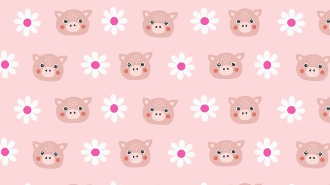 Seamless animated pattern with cute cartoon pigs and daisy flowers