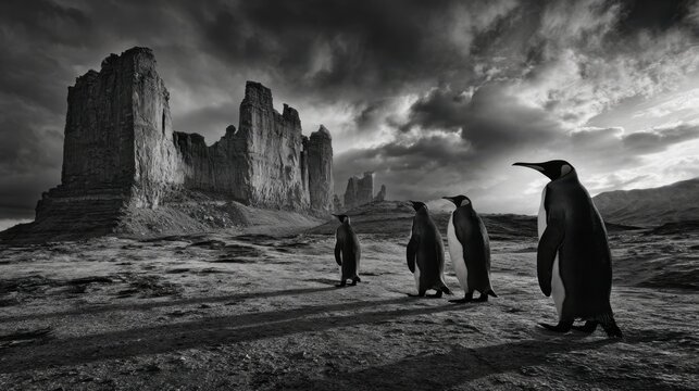Regal King Penguin Matriarch Leads Her Offspring Through Dramatic Antarctic Landscape Under Stormy Skies