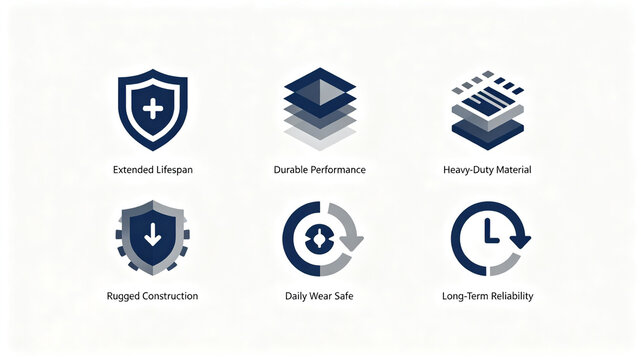 The deep blue shield multi-layer icon represents the concepts of durability, longevity, and high strength, suitable for introducing industrial accessories and durable material products.
