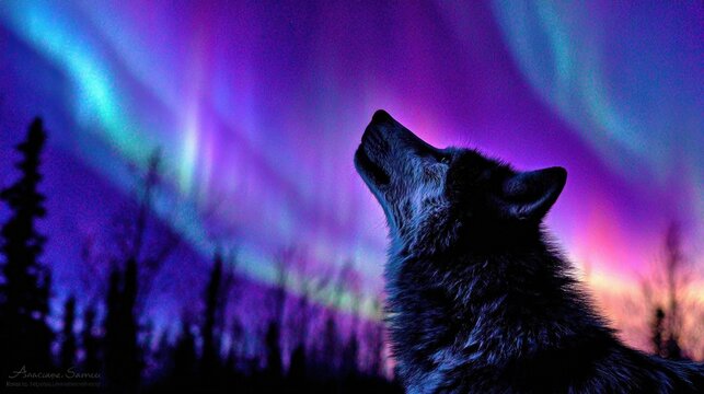 Silhouetted wolf gazing upward towards the vibrant purple aurora borealis in a dark forest landscape