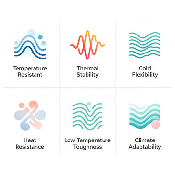 The temperature performance icon composed of lines represents temperature resistance, thermal stability, and cold resistance, suitable for material product details and product promotion.
