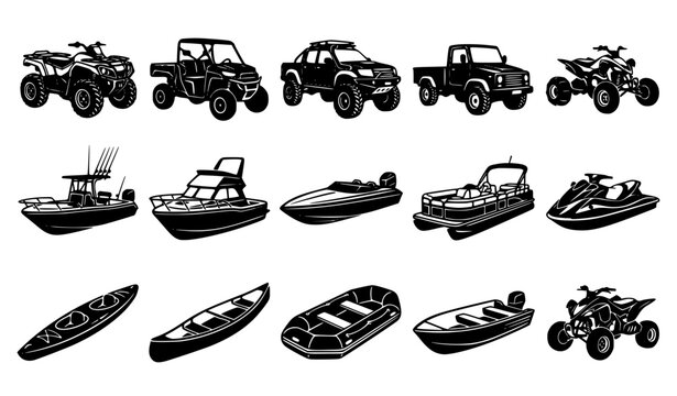 ATV Truck Boat and Recreational Watercraft Black Silhouette Vector Collection