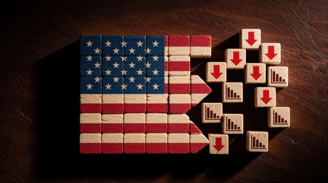 Wooden blocks form US flag on dark wood surface. Red arrows, falling bar charts indicate American economic decline. Symbol of US recession, market crash, financial crisis, shrinking economy with