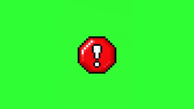 Animated red pixel art alert icon with a white exclamation mark on a bright green screen, designed for warning overlays, notifications, gaming graphics, social media videos, and chroma key