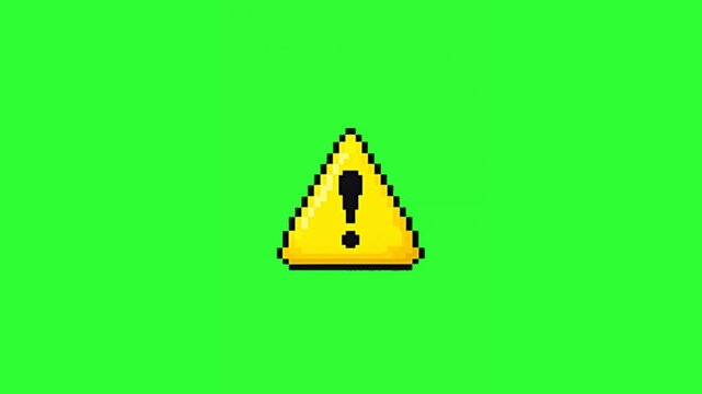 Animated yellow pixel art warning triangle with a black exclamation mark on a bright green screen, ideal for caution signs, safety alerts, gaming interfaces, notification overlays, and chroma key