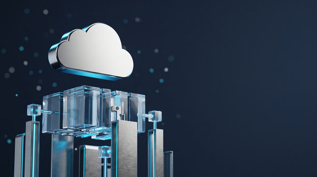 Abstract cloud computing infrastructure with metallic server racks and glowing data points