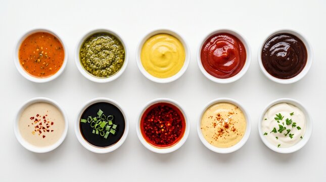 Assorted bowls of colorful sauces and seasoning blends
