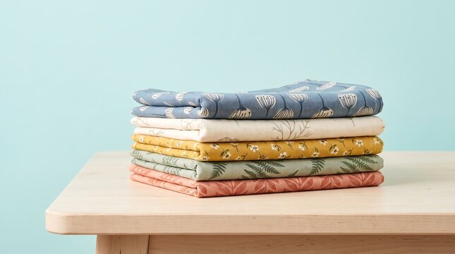 A neatly folded stack of patterned fabric squares in various colors and designs, resting on a light-colored wooden table against a soft blue background.