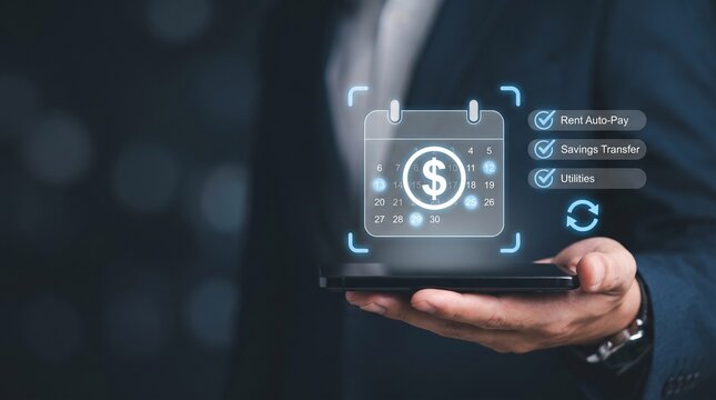 Businessman holding smartphone with digital calendar and financial icons for automated payment and savings management