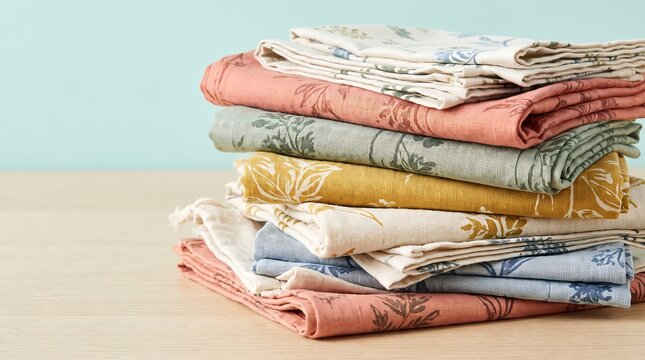 A stack of neatly folded fabric napkins with floral patterns in various pastel colors.
