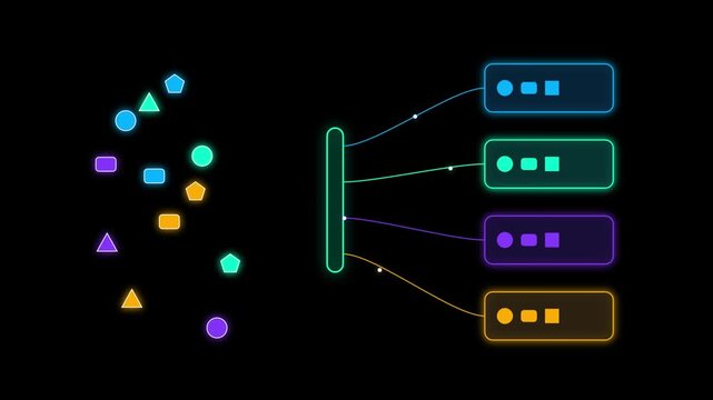Digital machine learning data sorting process with colorful shapes entering organized flowchart