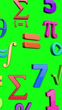 Animated mathematical symbols and numbers floating across a bright green screen background for educational video overlay