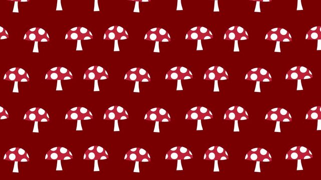 Animated pattern of red and white spotted mushrooms on dark red