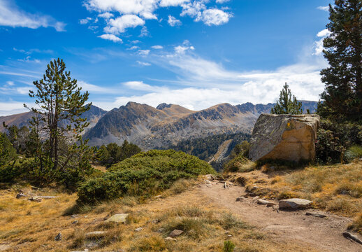 View of the Llac de Pessons mountain landscape with a hiking trail, large boulders, and pine trees under a blue sky in Grau Roig, Encamp, Andorra.