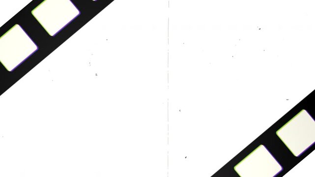 Vintage film strip overlays with dust and scratches. Retro 8mm celluloid frame border effect on white background. Nostalgic grunge cinema texture tape reel analog glitch overlay templates for editors