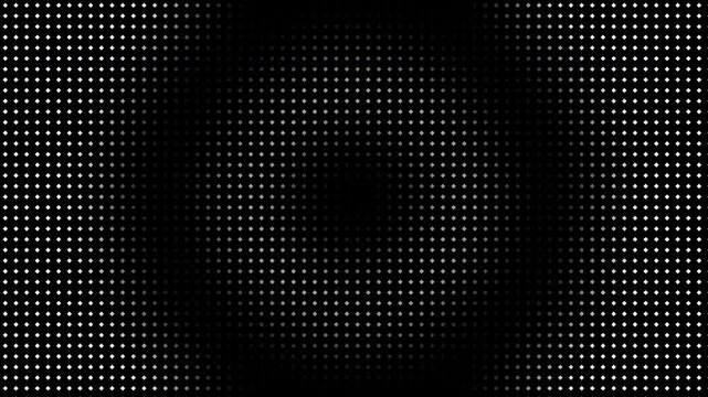Abstract technology background with looping explosion glowing dot matrix grid, concentric circular wave LED halftone pattern.
