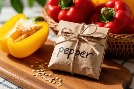 Close up of paper package with pepper seeds on wooden board. Handcrafted seed packet tied with twine sits near ripe red, yellow bell peppers. Home gardener saves organic vegetable seeds from harvest