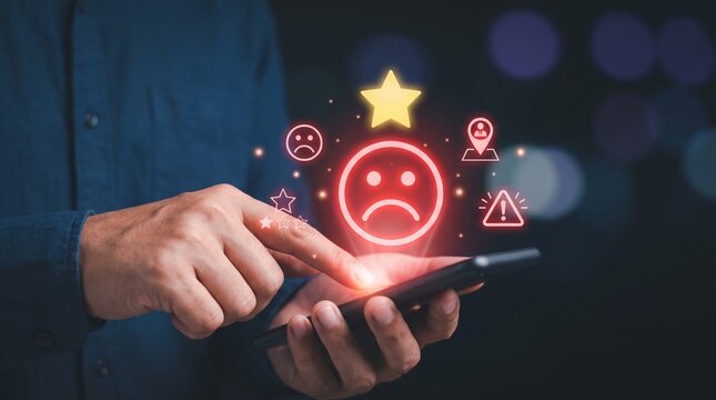 Closeup of a person using a smartphone to provide negative feedback, represented by a sad face icon and warning symbols