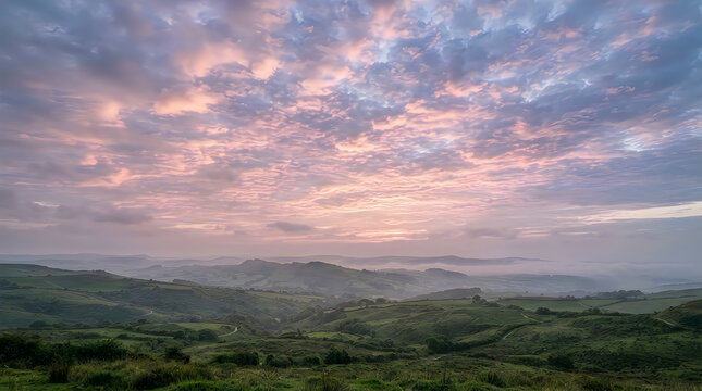A breathtaking landscape view of rolling green hills during a soft and colorful early morning sunrise