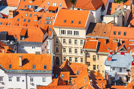 Historic Rooftops of Ljubljana Old Town, Slovenia &ndash; Red Tile Roofs and Traditional Architecture