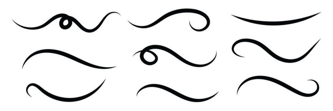 Hand drawn collection of curly swishes, swashes, swoops. Calligraphy swirl. Highlight text elements. Vector illustration.
