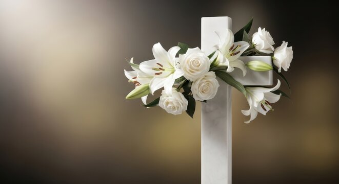 Elegant lilies and roses adorning a white cross arrangement
