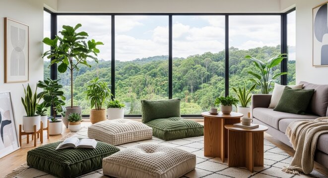 Modern living room with floor-to-ceiling windows and indoor plants