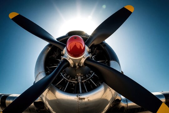 Close up of vintage aircraft propeller with red nose cone. Metal engine part of old plane stands against bright blue sky, sun. Classic aviation machine with black blades, yellow tips shows historic