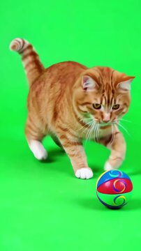 Playful domestic ginger cat chasing a colorful rolling ball and pouncing on a bright green screen background for chroma key compositing
