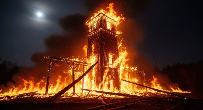 Burning wooden structure engulfed in intense flames against night sky