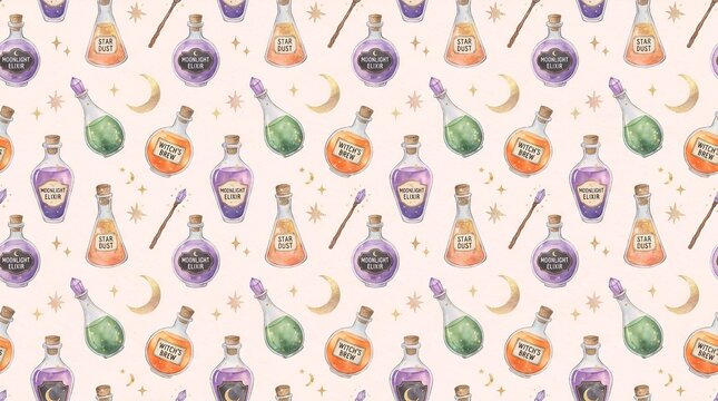 A charming seamless pattern featuring colorful magical potion bottles and elixirs scattered across a light background, ideal for Halloween or fantasy-themed graphic designs.