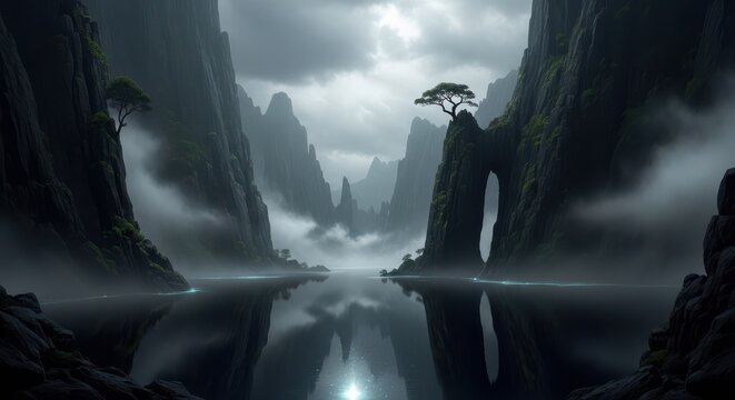 Misty valley between towering peaks with solitary tree