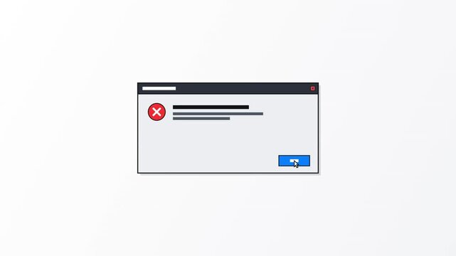 Flat minimalist animation of a generic computer error message dialogue box pop-up on a white background with a mouse cursor clicking the button to dismiss the system failure notification alert.