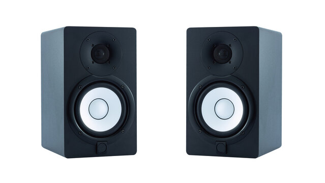 Pair of professional high quality monitor speakers for sound recording, mixing, and mastering in studio in black wooden casing isolated on transparent background.