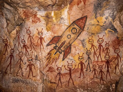 A rocket ship descends towards primitive figures painted on a cave wall.
