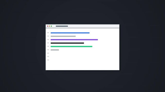 Minimalist flat design animation of a software browser window with colorful horizontal lines appearing on a dark background, representing programming, software development, or data processing.