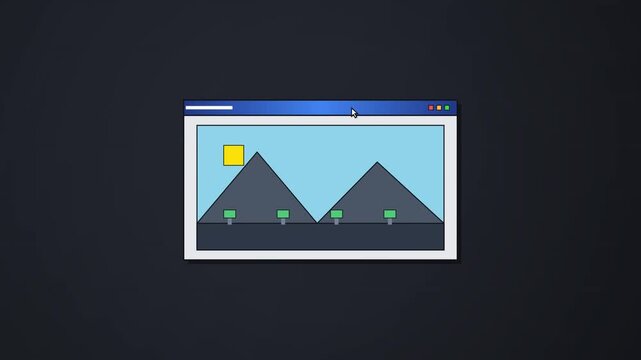 Minimalist flat design illustration of a web browser window displaying a simple geometric landscape with mountains, trees, and sun, isolated on a dark gray background with a mouse cursor.
