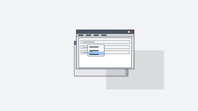 Minimalist 2D animation showing a generic software interface with a mouse cursor selecting an option from a dropdown menu followed by a pop-up alert notification window on a clean background.