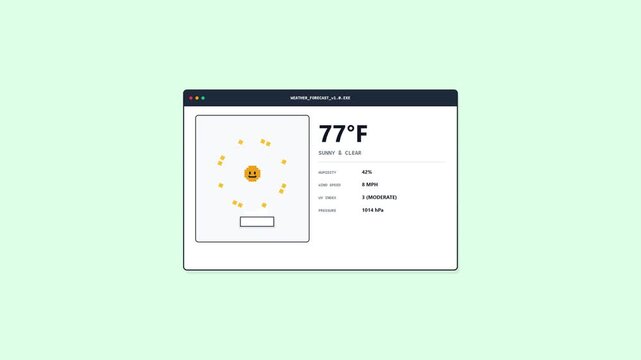 Minimalist digital weather forecast interface design showing sunny and clear conditions with temperature readings in Fahrenheit and atmospheric data such as humidity and wind speed on screen.