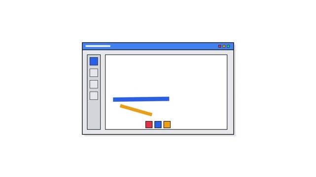Minimalist 2D Animation of a Generic Computer Software Interface Window with Moving Geometric Shapes and Toolbar Icons, Concept of Digital Design and Application User Experience Development