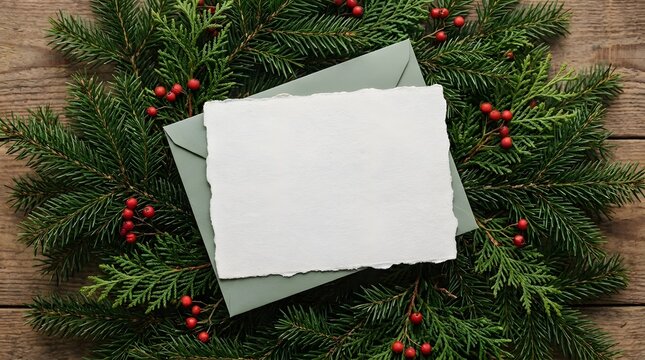 Blank paper card with torn edges resting on evergreen branches for merry christmas greeting christmas stationery