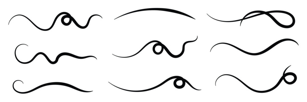 Hand drawn collection of curly swishes, swashes, swoops. Calligraphy swirl. Highlight text elements. Vector illustration.