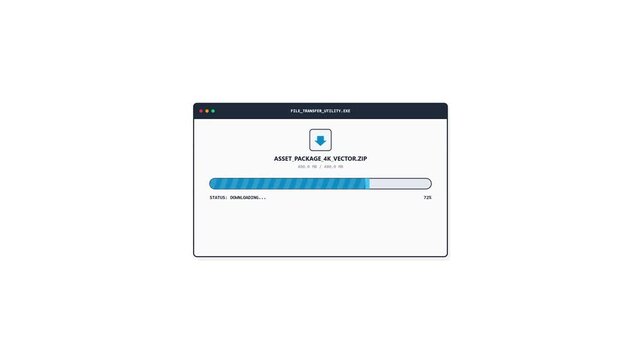 Digital file download progress bar animation on a computer window interface with a white background, showing loading percentage and data transfer for a zip folder asset package.