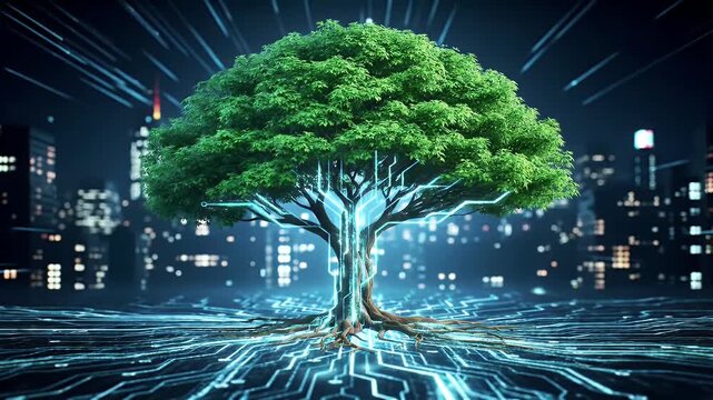 Glowing Neon Tree Wreathed in Digital Light with a Futuristic Cityscape