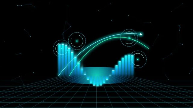 Futuristic 3d circular waveform equalizer bars rotating over perspective grid wireframe floor