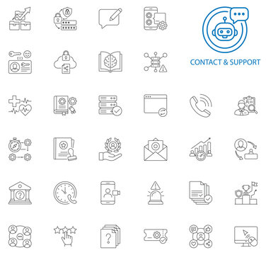 Customer contact and support service helpdesk assistance line icon set. Vector symbols for operator headset microphone, 24/7 call center agent, live chat speech bubble, email envelope, technical gear 
