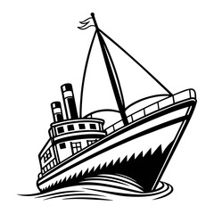 Black and white line of a vintage steamship or cruise boat, isolated on a white background, for maritime travel themes © nahim