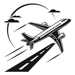 Black and white of a passenger airplane taking off from a runway with clouds in the sky for travel and aviation themes © nahim