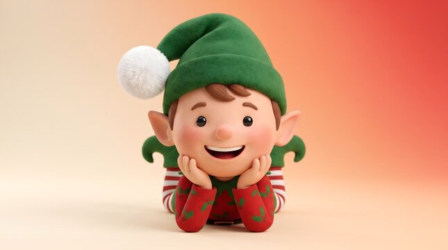 Cute little christmas elf wearing a green hat and red sweater resting chin on hands against a gradient background