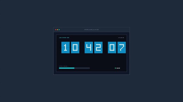 Digital flip clock animation featuring blue pixelated numbers on a dark user interface with system data status and a loading progress bar for technology and cyber security concepts.